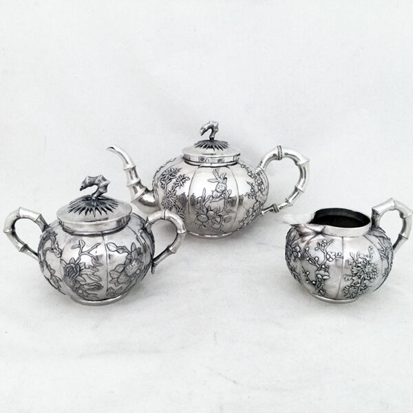 CHINESE EXPORT SILVER MELON SHAPED TEA SET