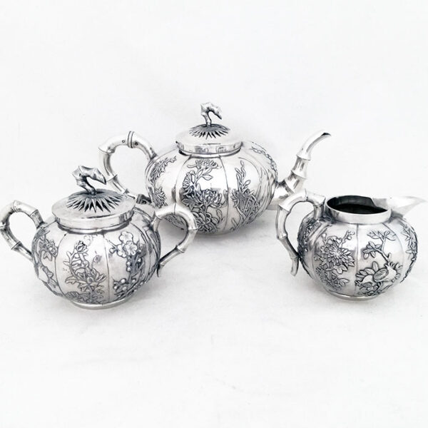 CHINESE EXPORT SILVER MELON SHAPED TEA SET - Image 2