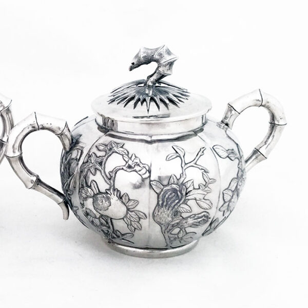 CHINESE EXPORT SILVER MELON SHAPED TEA SET - Image 3