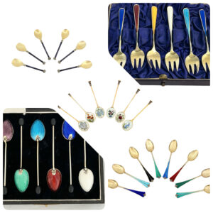 SILVER AND ENAMEL SPOONS
